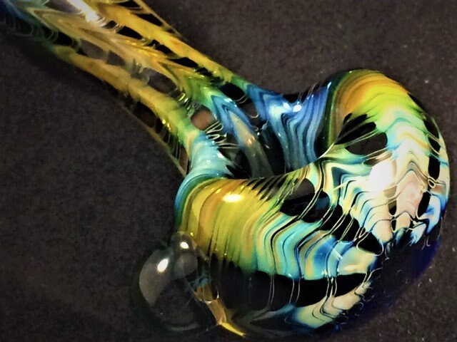 Gold and Silver Fumed Glass Pipe | Rainbow Wrap & Rake Design | Color Shift Over Black | Hand Blown Smoking Bowl