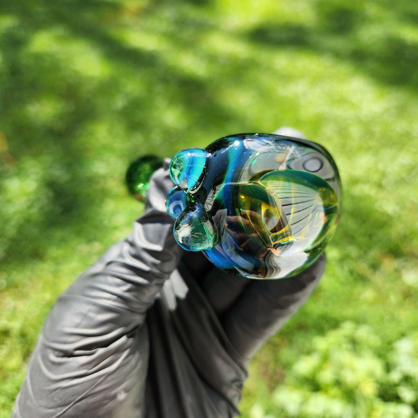 Green Frit Glass Pipe with Triple Mushroom Implosion – 4” Hand Pipe, Dot Accent, Unique Bowl Art, Emerald to Black Color Mix, Heady Piece