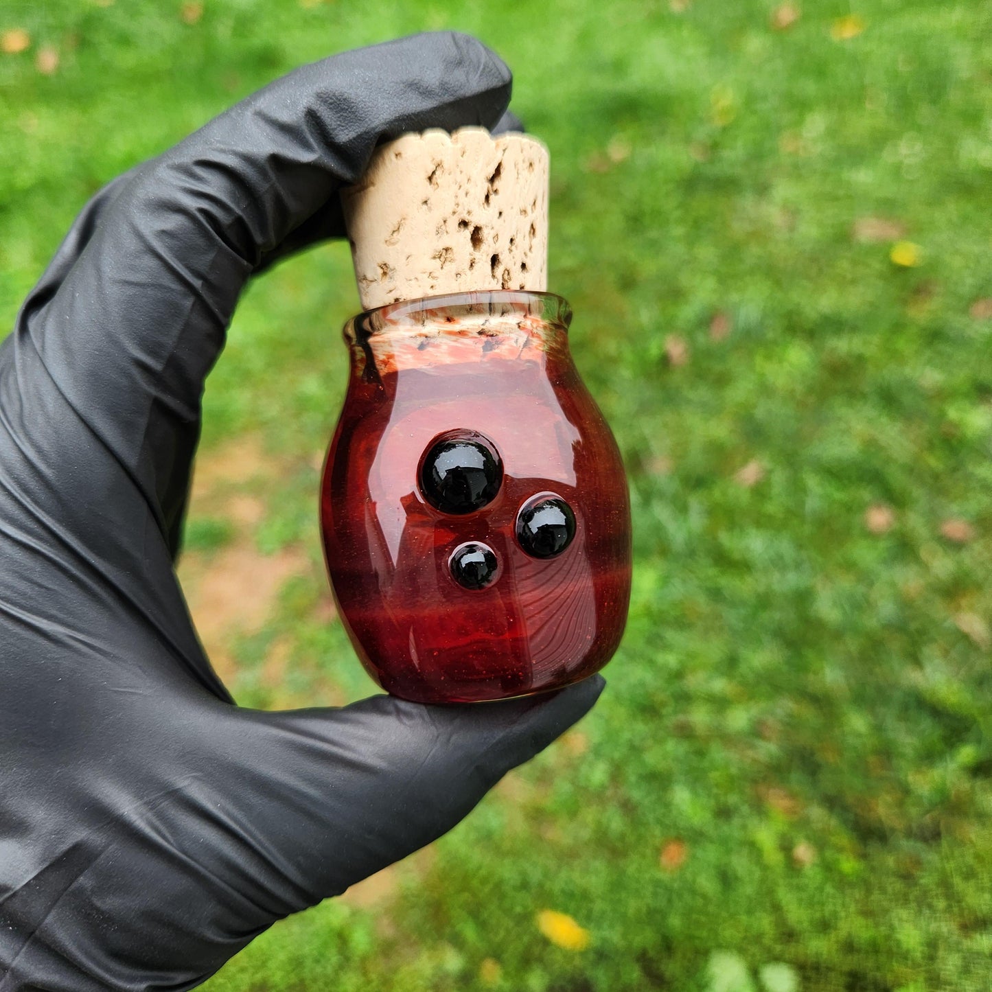 Handmade Red Frit Glass Jar with Cork Lid – Artisan Blown Glass Apothecary Jar, Boho Decor, Spell Jar, Witchy Storage