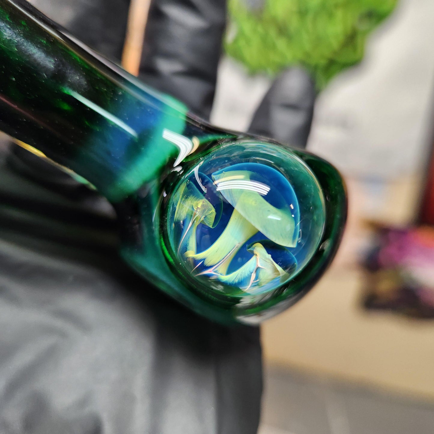 Experimental Green Frit Pipe with Triple Mushroom Marble | Unique Hand-Blown Glass Spoon | Emerald to Dark Hues | Trippy Nature Art Bowl