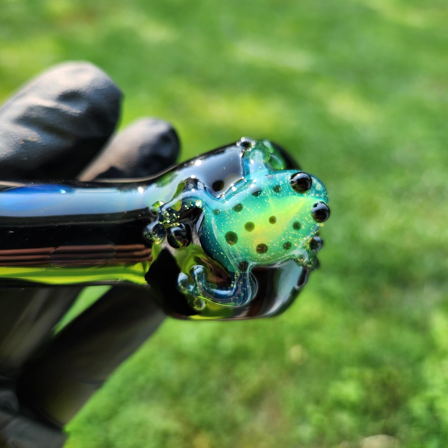 Rainbow Fumed Glass Pipe with Frog – Color Changing Spotted Spoon Pipe – Handblown Animal Glass Art – Green or Purple Frog Pipe - Smoking