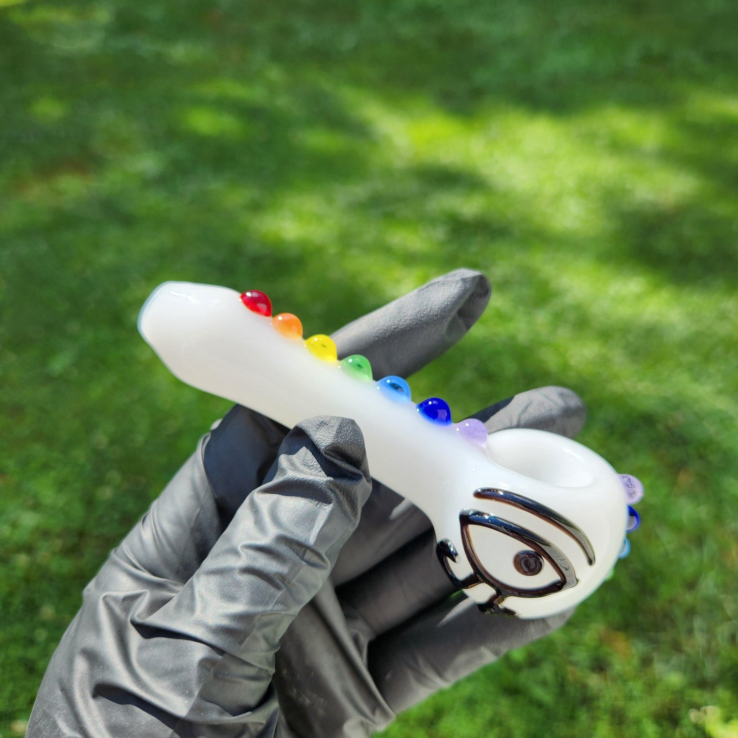 Chakra Glass Pipe with Sculpted Eye of Ra | White Spoon Pipe with Rainbow Chakra Dots | Spiritual Hand-Blown Smoking Bowl | Energy Aligned
