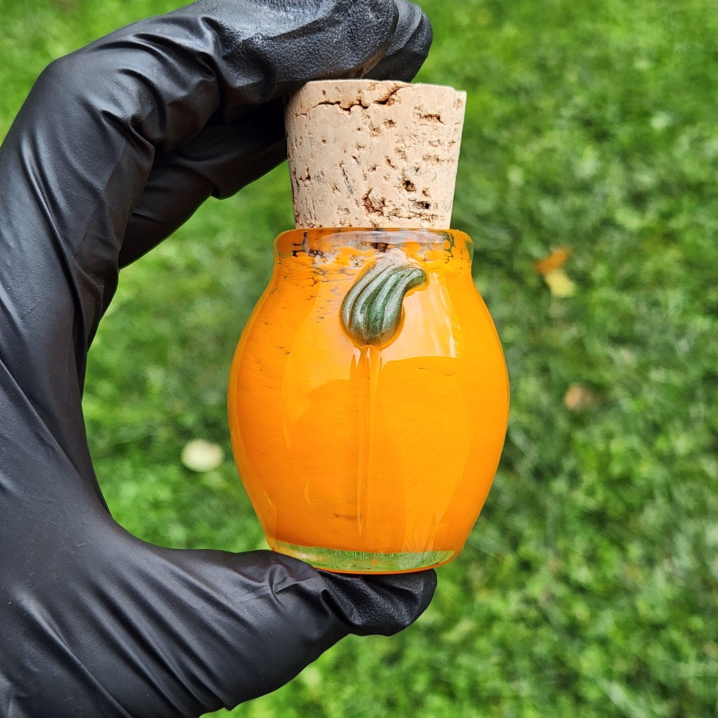 Orange Pumpkin Glass Jar – Hand Blown Orange Frit Storage Jar with Cork Lid, Fall Decor, Autumn Harvest Glass Art Jar