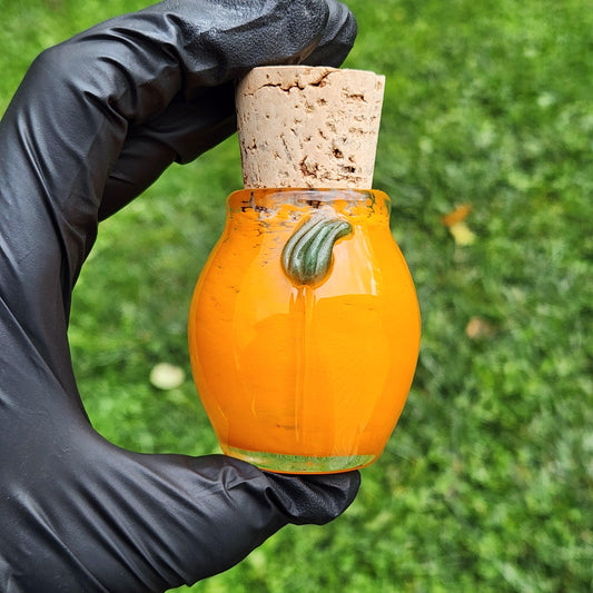 Orange Pumpkin Glass Jar – Hand Blown Orange Frit Storage Jar with Cork Lid, Fall Decor, Autumn Harvest Glass Art Jar