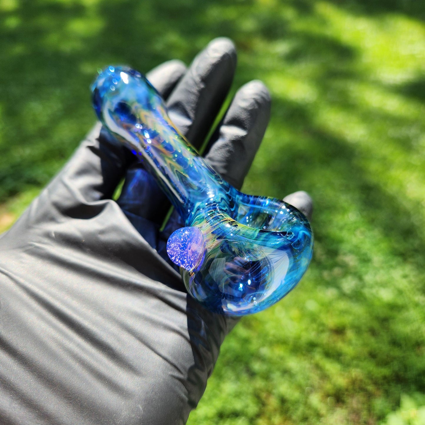 Rainbow Fumed Glass Pipe | Gold and Silver Wrap Rake Spoon with Custom Dot & Color | Heady Hand-Blown 4" Bowl | Color-Changing Smoking Pipe
