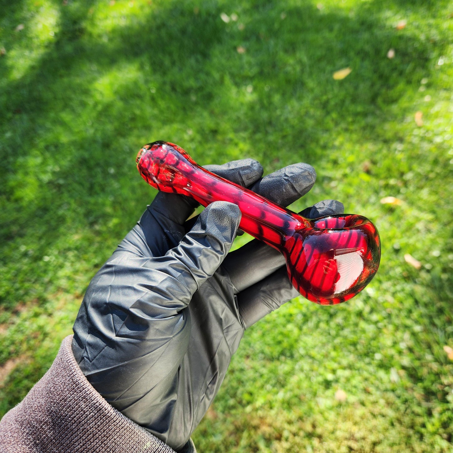 Red Web Glass Pipe – Handblown Spoon with Black Web Design – Heroic Vibes – Super Style Pipe – Comic-Inspired Art Glass Gift