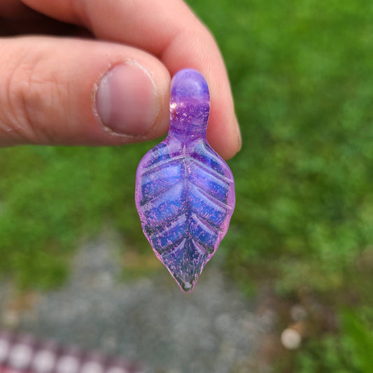 Purple Pink Slime Glass Leaf Pendant | 1" Wavy Hand Blown Leaf Necklace | Glossy Drippy Look | Nature-Inspired Glass Art | Suede Cord