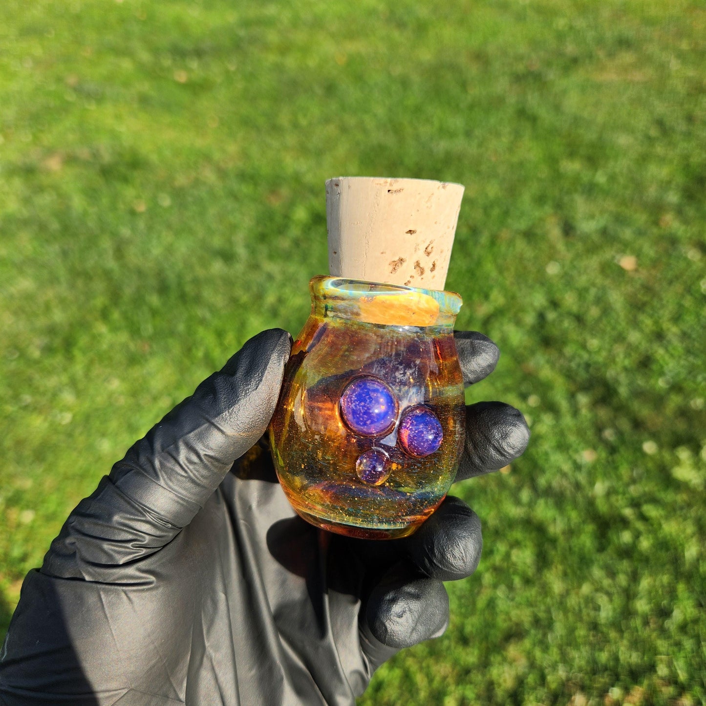Handmade Amber Purple Glass Jar with Cork Lid – Artisan Blown Glass Apothecary Jar, Boho Decor, Spell Jar, Witchy Storage