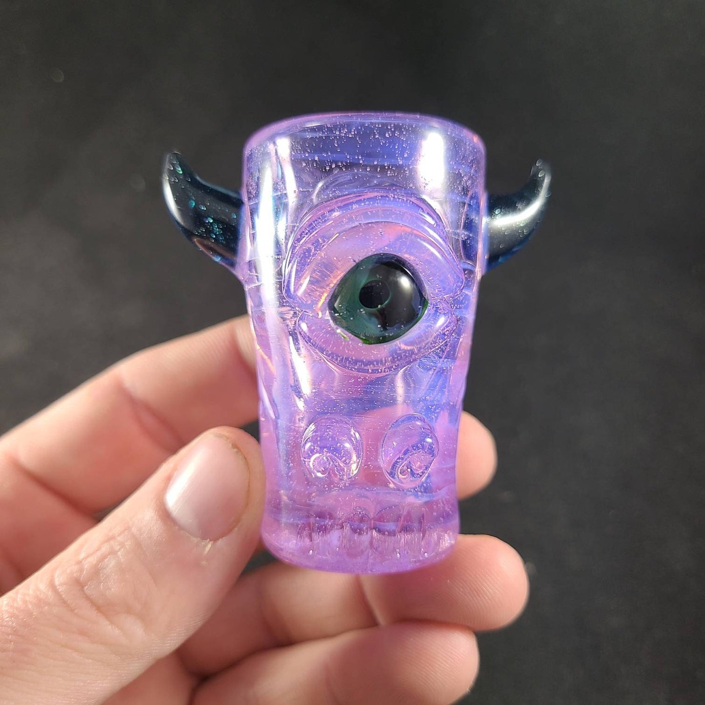 Pink Slime Monster Shotglass | 2.5–3" Hand Blown Glass with Blue Stardust Horns | Cute Creepy Collectible Glass | Mini Art Shot Glass