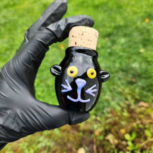 Black Cat Face Glass Jar – Hand Blown Glass Storage Jar with Cork Lid, Halloween Cat Decor, Spooky Cute Feline Glass Art