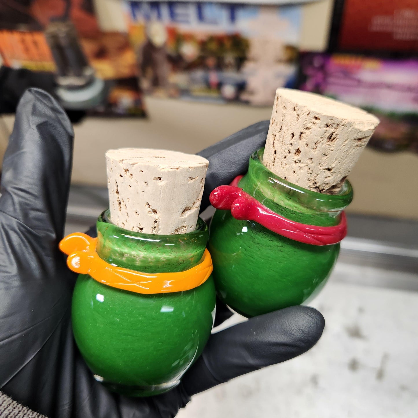 Green Frit Glass Jar with Sculpted Ninja Headband – 1.5” Hand Blown Glass Storage Jar with Cork Lid, Turtle Art Jar