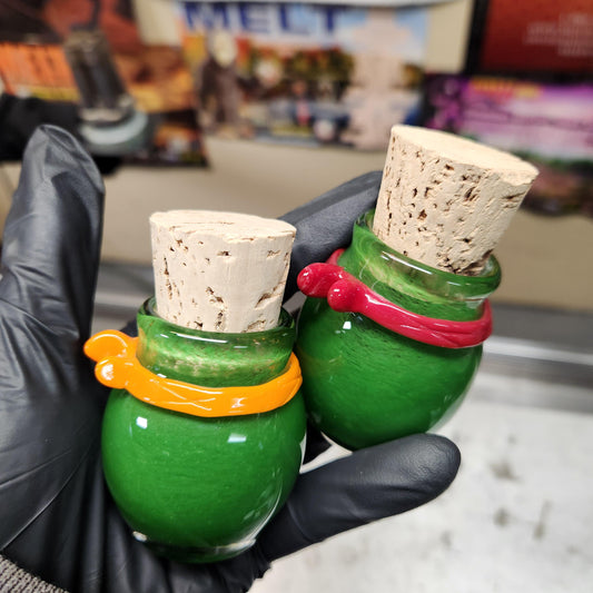 Green Frit Glass Jar with Sculpted Ninja Headband – 1.5” Hand Blown Glass Storage Jar with Cork Lid, Turtle Art Jar