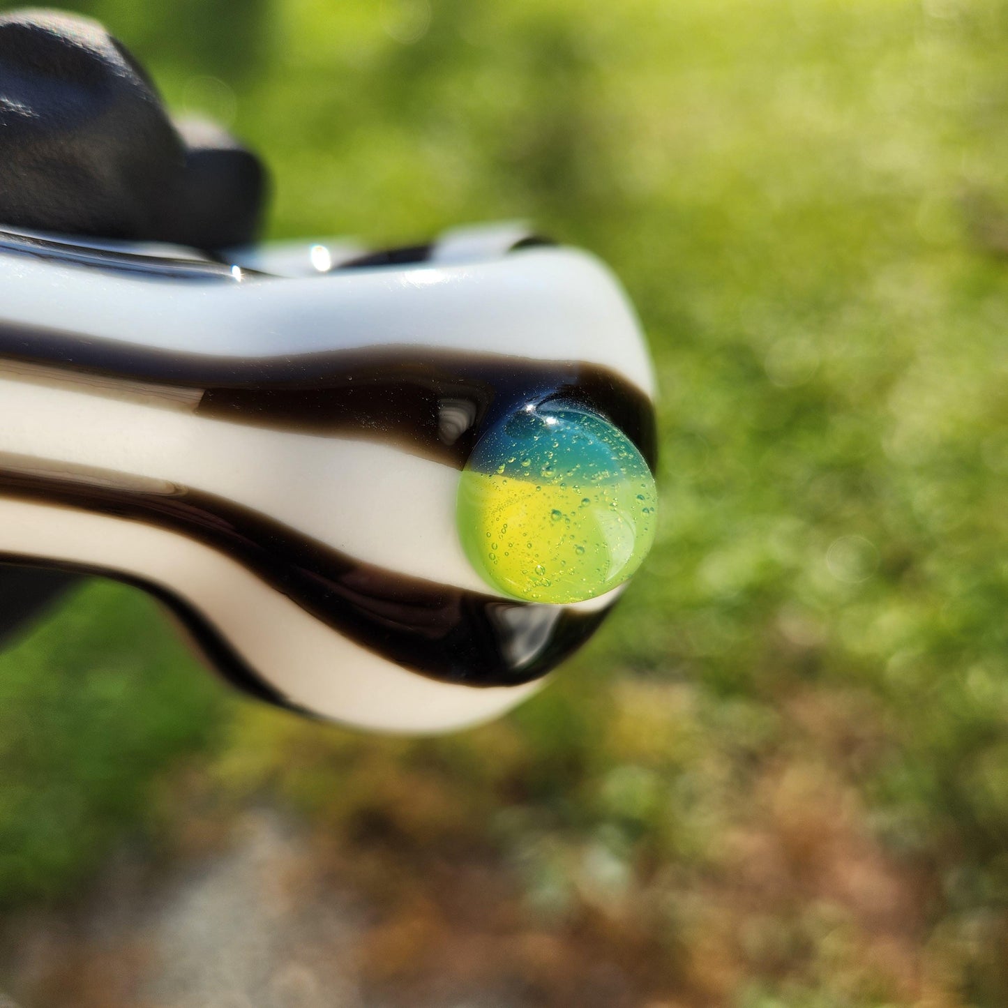 Black & White Striped Pipe with Green Dot – Handblown Glass Spoon Pipe – Spooky Gothic Vibes