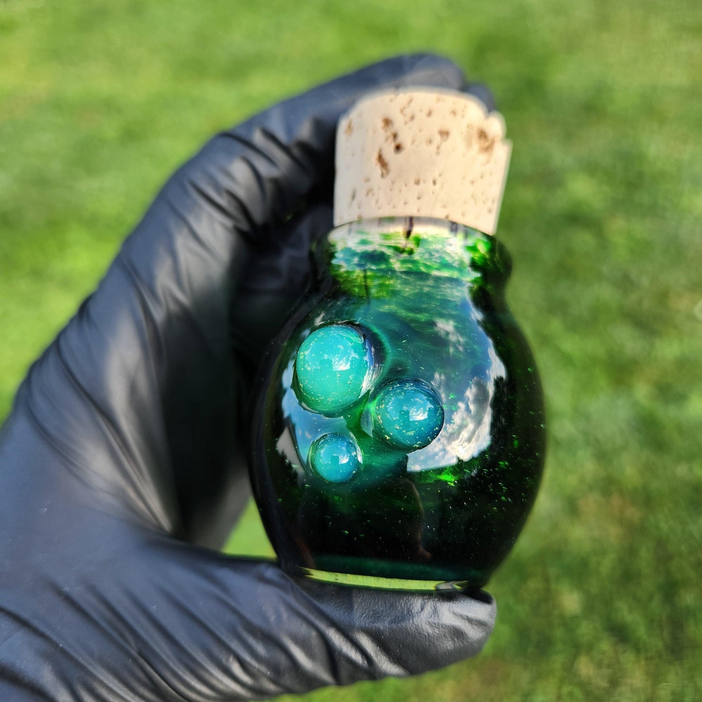 Handmade Experimental Green Glass Jar with Cork Lid – Artisan Blown Glass Apothecary Jar, Boho Decor, Spell Jar, Witchy Storage