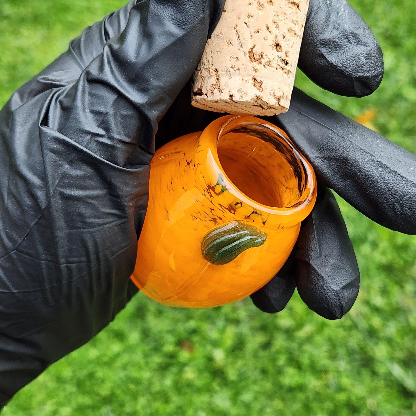 Orange Pumpkin Glass Jar – Hand Blown Orange Frit Storage Jar with Cork Lid, Fall Decor, Autumn Harvest Glass Art Jar