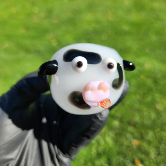 Cow Print Glass Pipe with Face | White & Black Hand Blown Pipe | Farm Animal Novelty Smoking Bowl | Funny Glass Pipe