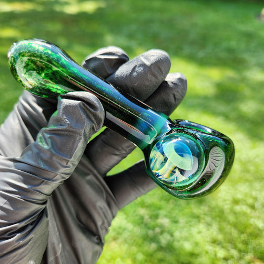 Experimental Green Frit Pipe with Triple Mushroom Marble | Unique Hand-Blown Glass Spoon | Emerald to Dark Hues | Trippy Nature Art Bowl