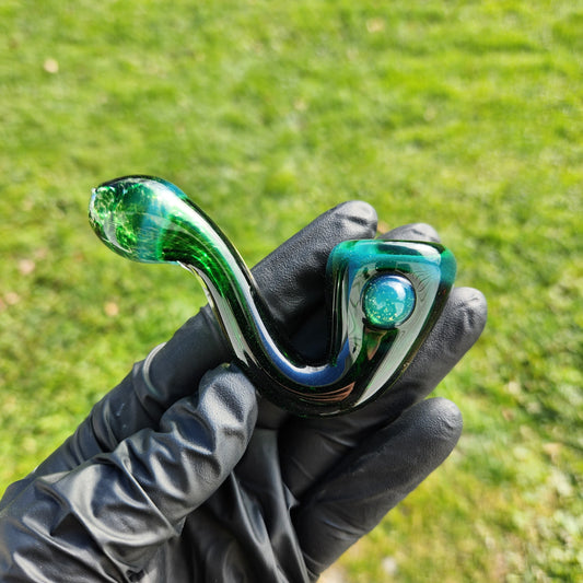 Experimental Green Frit Mini Sherlock Pipe | 3-4" Hand Blown Glass Pipe | Green to Blue-Black Color Shift | Compact Smoking Bowl