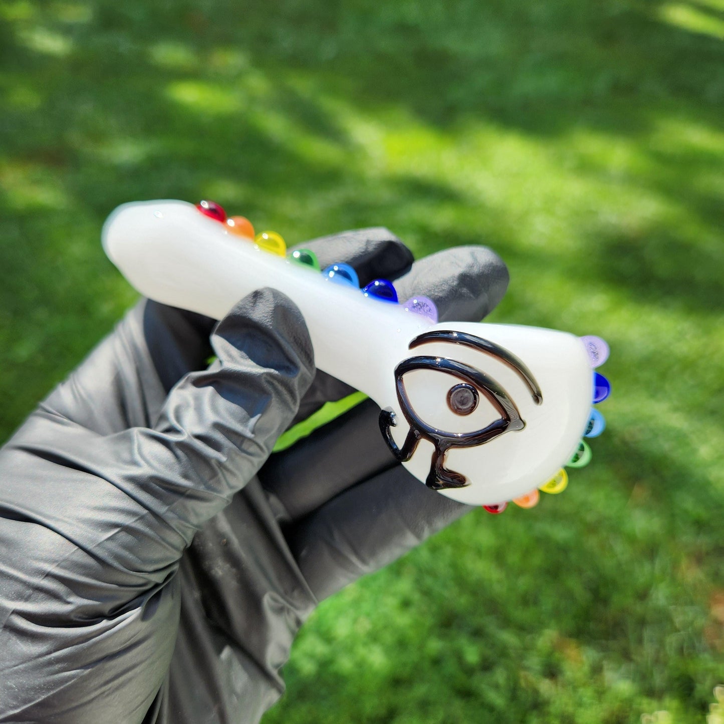 Chakra Glass Pipe with Sculpted Eye of Ra | White Spoon Pipe with Rainbow Chakra Dots | Spiritual Hand-Blown Smoking Bowl | Energy Aligned