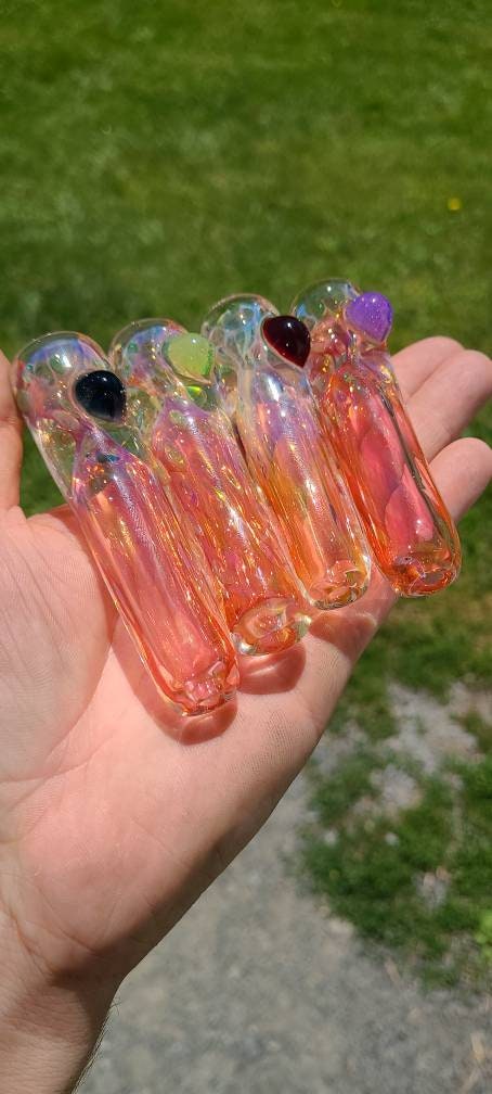 Gold & Silver Fumed Inside-Out Tech – Blue Dot Pattern “Concrete Chipper” – 3.5” Thick Color-Changing Glass Art