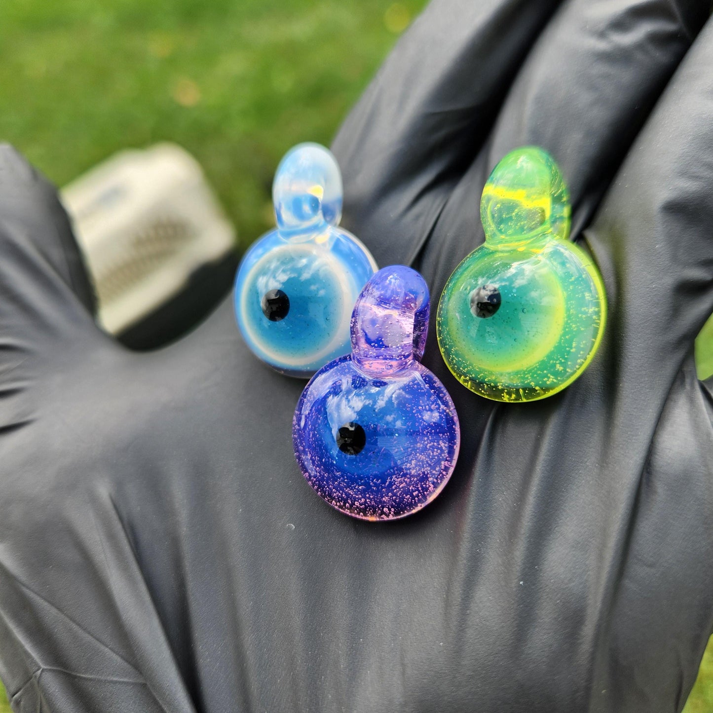 Slime Eye Pendant Necklace – Green, Purple, or White-Blue – 1" Handmade Glass Eye on Black Suede Cord, Creepy Cute Jewelry