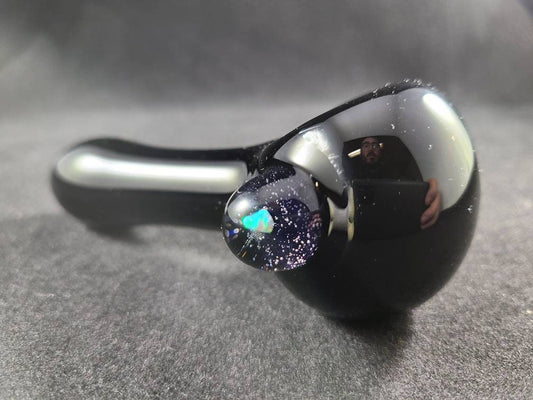 Black Glass Pipe with Galaxy Marble & Opal | Hand Blown Cosmic Smoking Pipe | Space Art Bowl | Heady Glass Piece