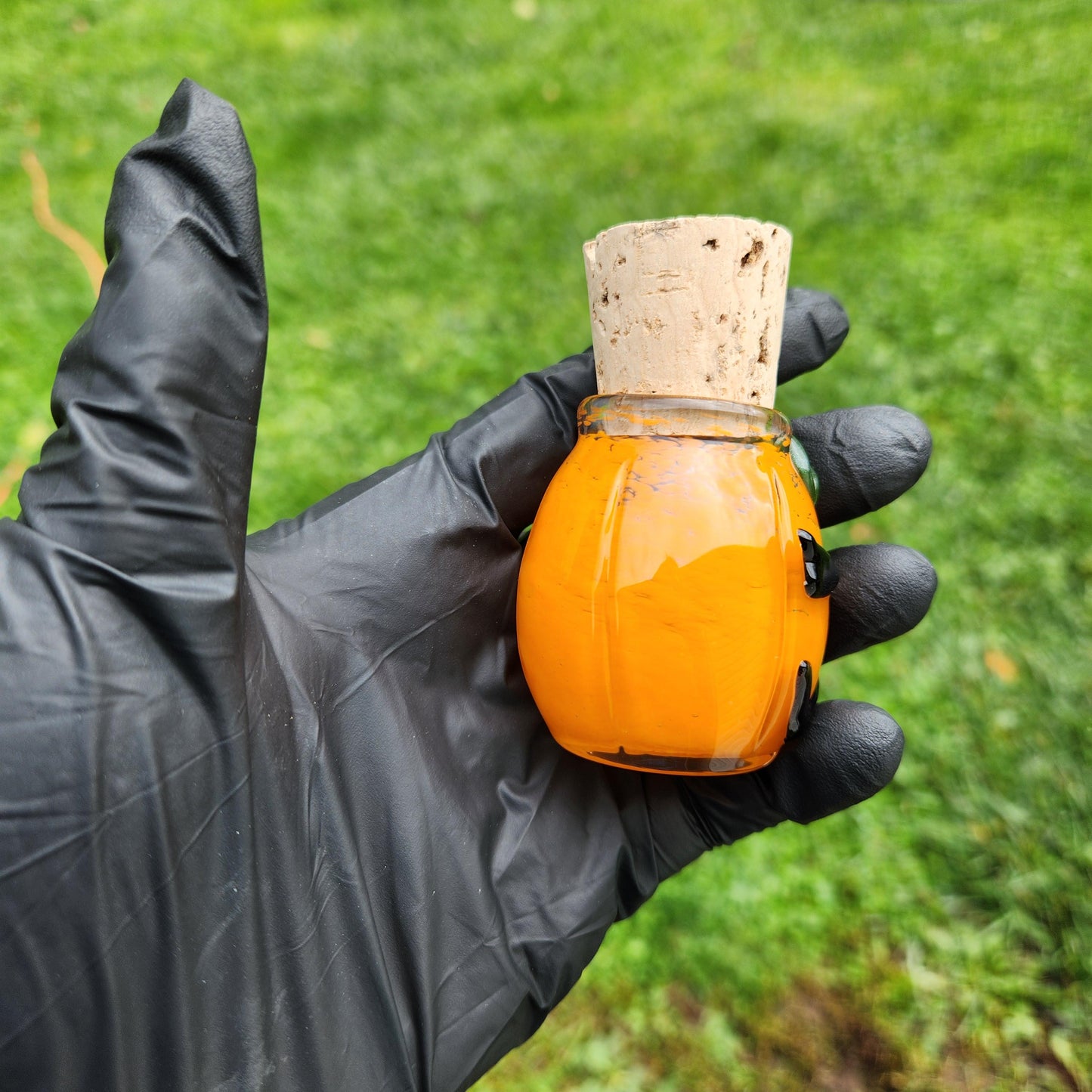 Pumpkin Glass Jar with Jack O’ Lantern Face – Orange Frit Hand Blown Storage Jar with Cork Lid, Halloween Fall Glass Art