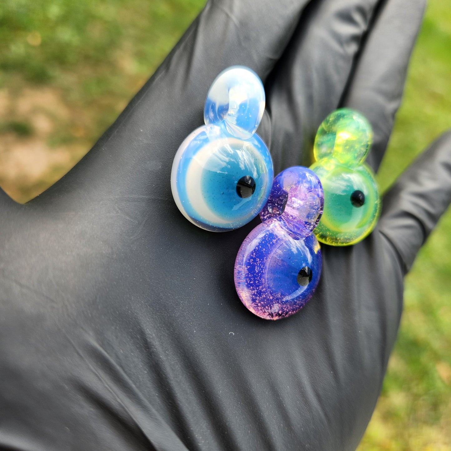 Slime Eye Pendant Necklace – Green, Purple, or White-Blue – 1" Handmade Glass Eye on Black Suede Cord, Creepy Cute Jewelry