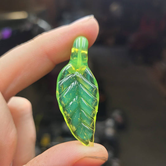 Color Changing Glass Leaf Pendant | Green to Peach in CFL Light | 1.5" Hand Blown Leaf Necklace | Suede Cord | Nature Jewelry