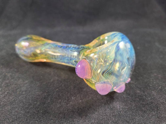 Gold and Silver Rainbow Fumed Pipe with Wrap & Rake Design | Pink Slime Dot Accents | Hand Blown Glass Smoking Pipe | Color Changing Glass