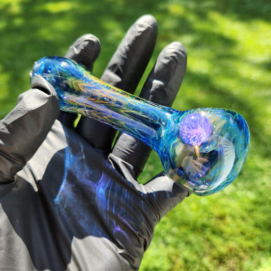 Rainbow Fumed Glass Pipe | Gold and Silver Wrap Rake Spoon with Custom Dot & Color | Heady Hand-Blown 4" Bowl | Color-Changing Smoking Pipe