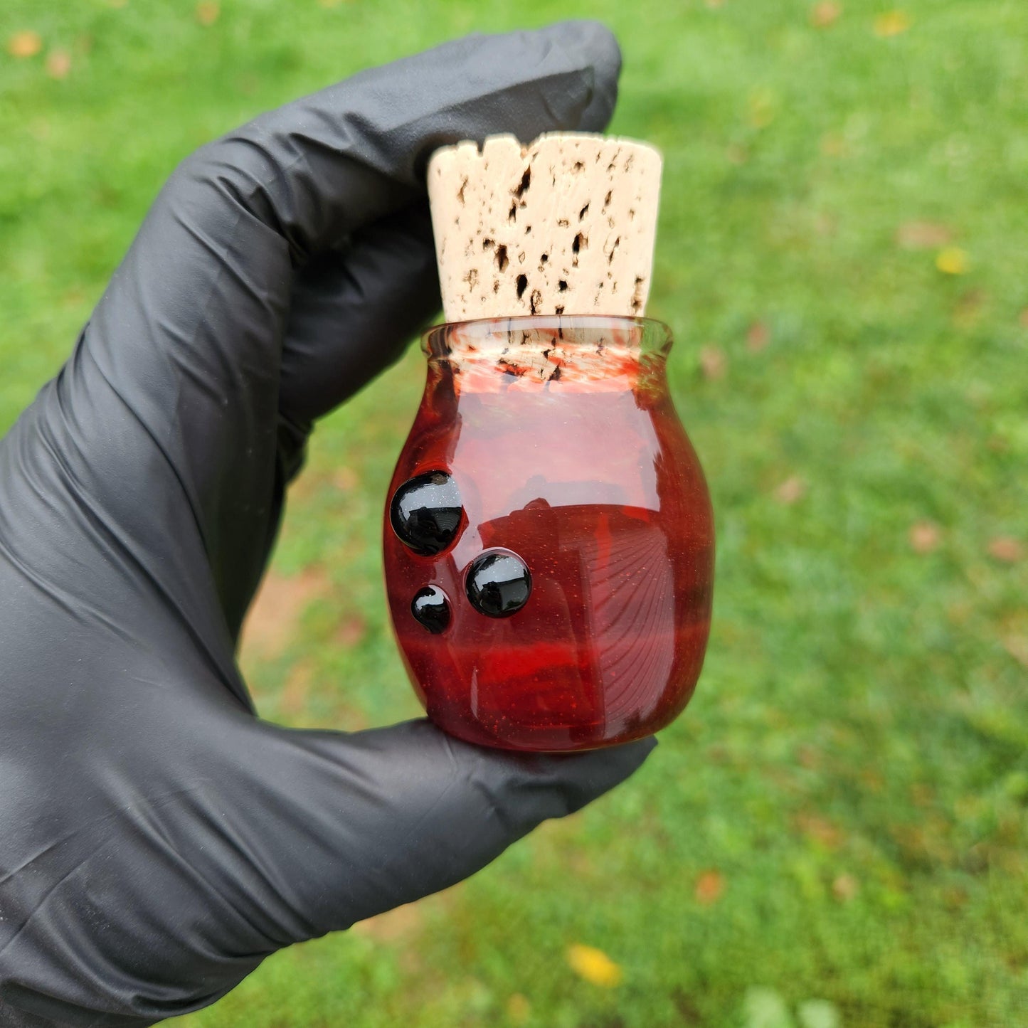 Handmade Red Frit Glass Jar with Cork Lid – Artisan Blown Glass Apothecary Jar, Boho Decor, Spell Jar, Witchy Storage
