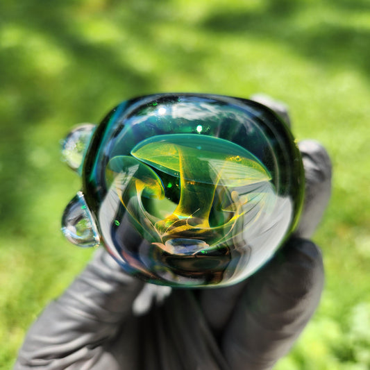 Green Frit Glass Pipe with Triple Mushroom Implosion – 4” Hand Pipe, Dot Accent, Unique Bowl Art, Emerald to Black Color Mix, Heady Piece