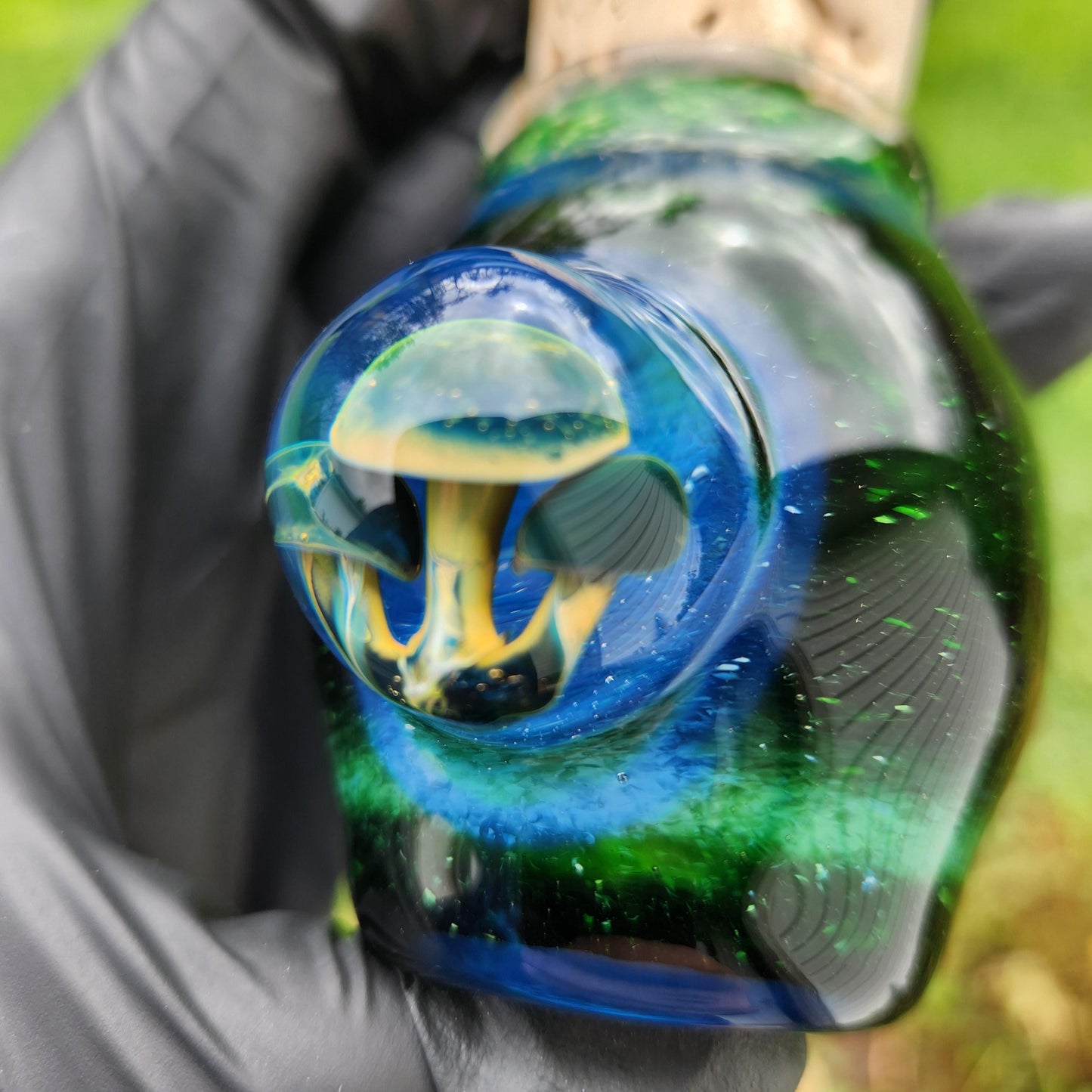 Experimental Green Frit Cork Jar – Hand-Blown Glass Jar with Triple Mushroom Decoration ≈1.5” Tall (Includes Cork)