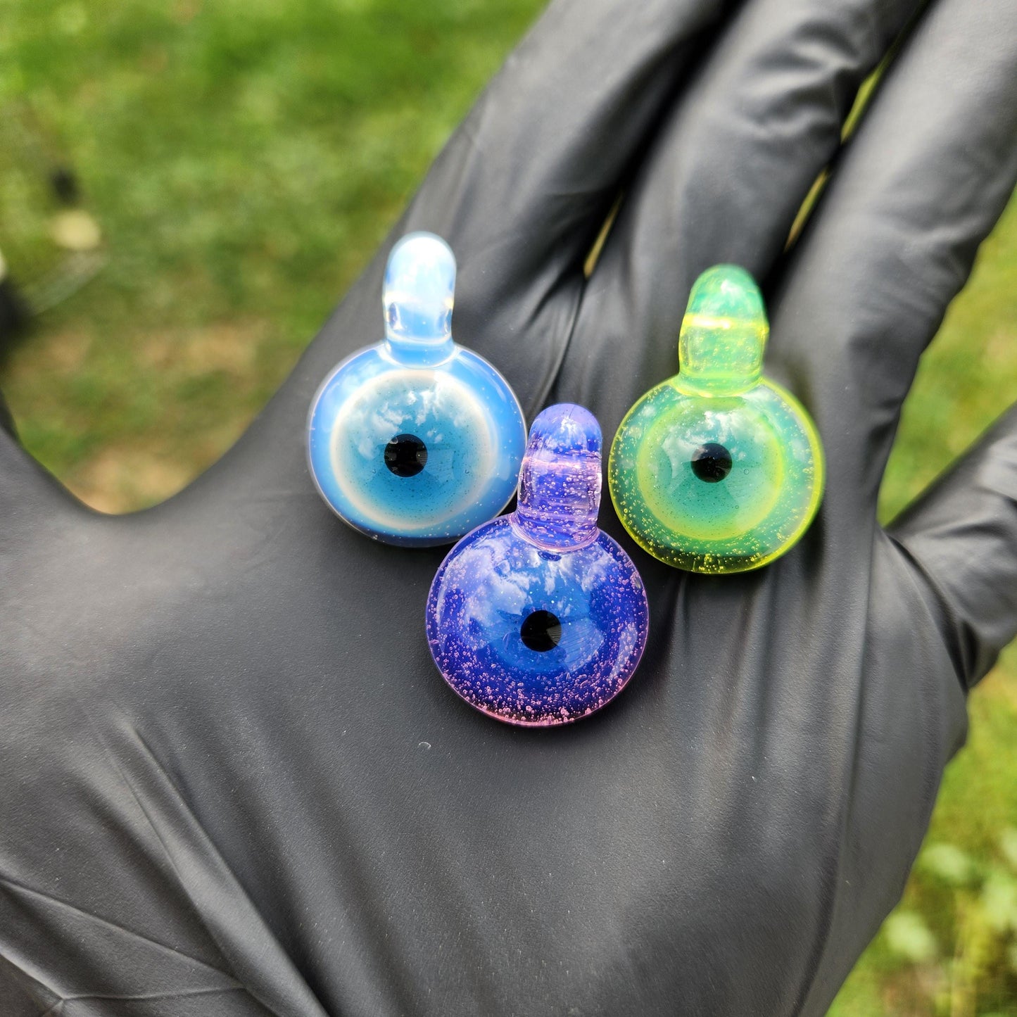 Slime Eye Pendant Necklace – Green, Purple, or White-Blue – 1" Handmade Glass Eye on Black Suede Cord, Creepy Cute Jewelry