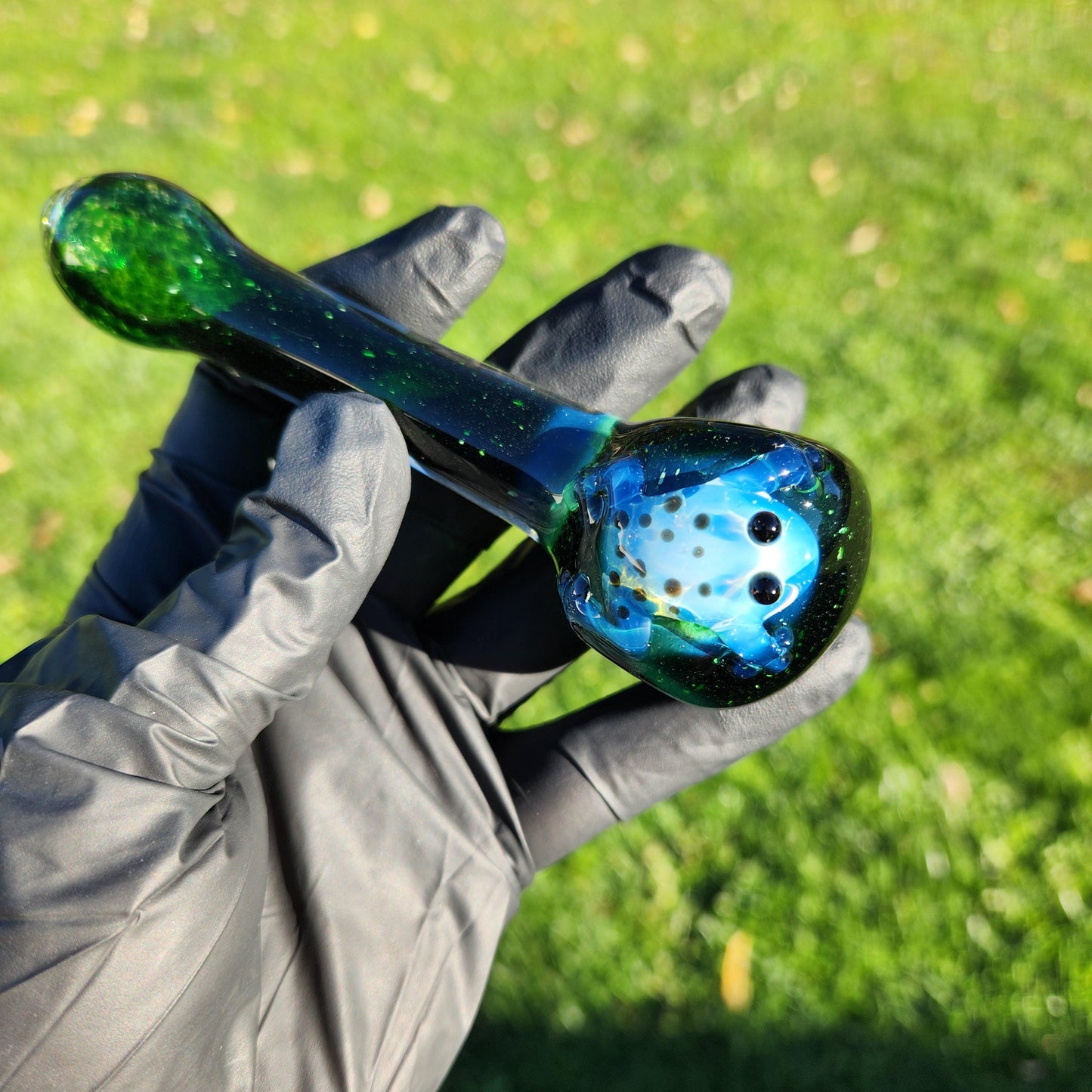Experimental Green Frit Pipe with Custom Frog Accent | 4" Hand Blown Pipe | Emerald to Blue-Black Hues | Choose Frog Color