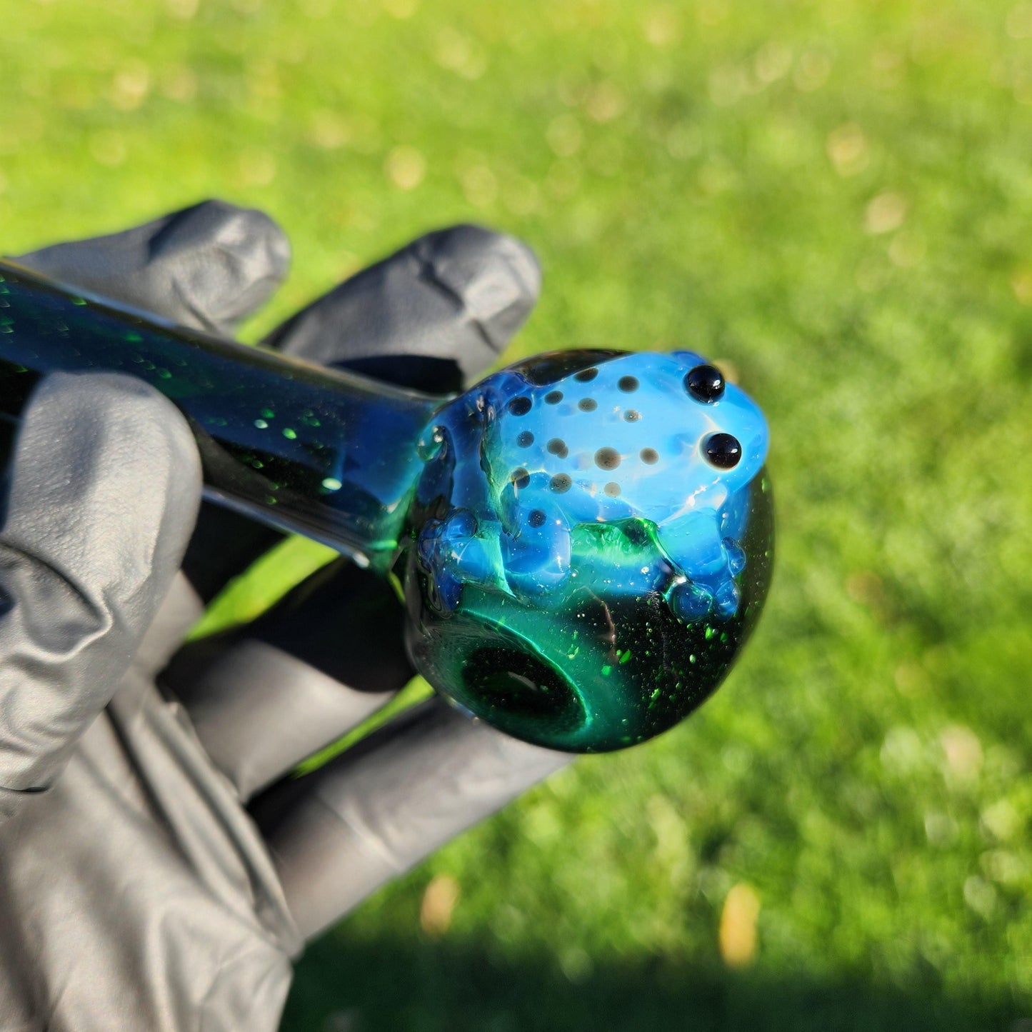 Experimental Green Frit Pipe with Custom Frog Accent | 4" Hand Blown Pipe | Emerald to Blue-Black Hues | Choose Frog Color