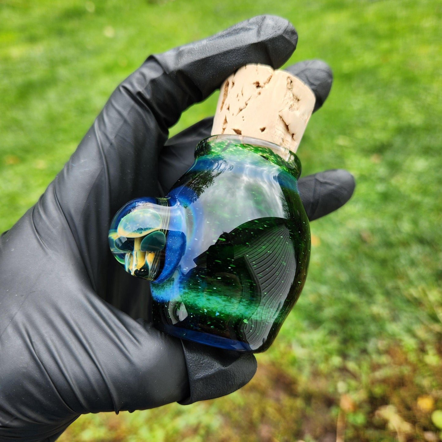 Experimental Green Frit Cork Jar – Hand-Blown Glass Jar with Triple Mushroom Decoration ≈1.5” Tall (Includes Cork)