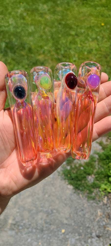 Gold & Silver Fumed Inside-Out Tech – Blue Dot Pattern “Concrete Chipper” – 3.5” Thick Color-Changing Glass Art