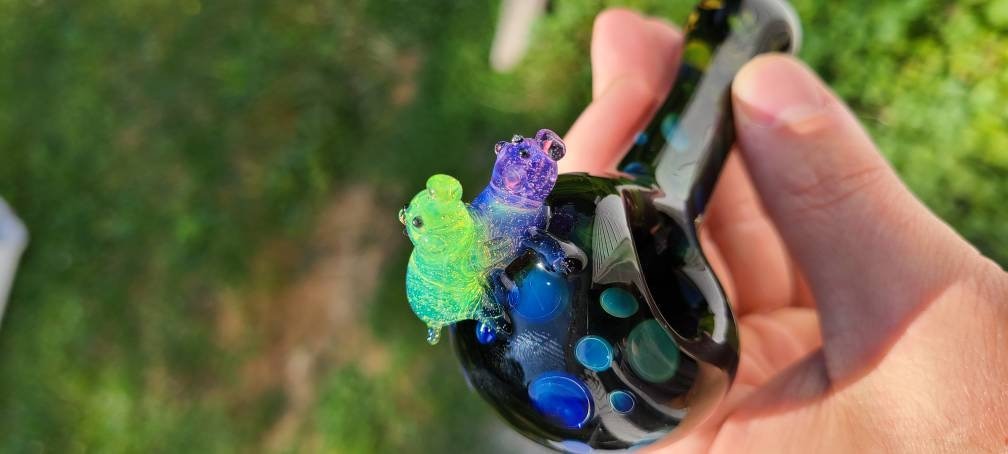 Makin' Bacon Pigs Black Glass Pipe | Pink and Green Slime Pigs | Gold & Silver Fumed Dots | Funny Hand Blown Art Pipe | 4–5" Unique Bowl