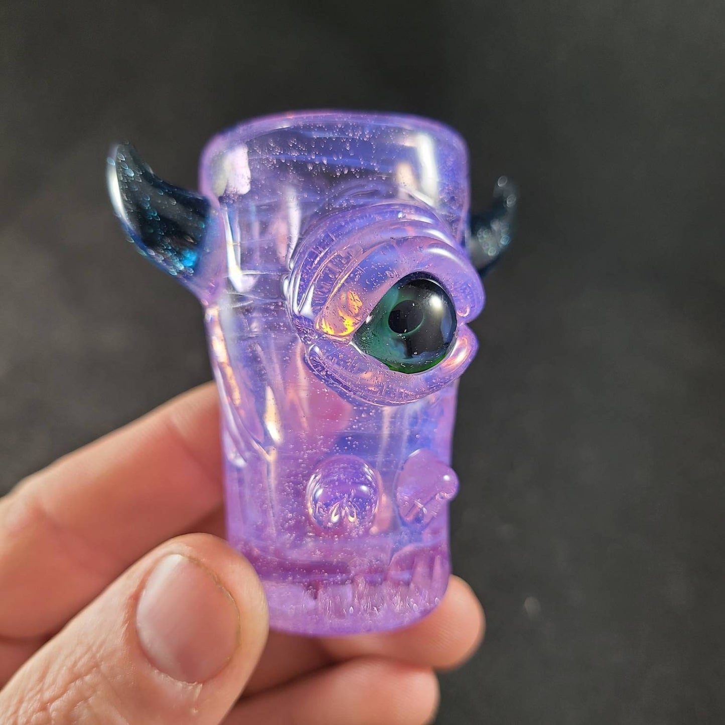Pink Slime Monster Shotglass | 2.5–3" Hand Blown Glass with Blue Stardust Horns | Cute Creepy Collectible Glass | Mini Art Shot Glass