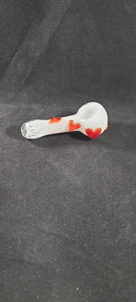 Heart Pipe / Glass Smoking Bowl / White Frit / Red Hearts / Love