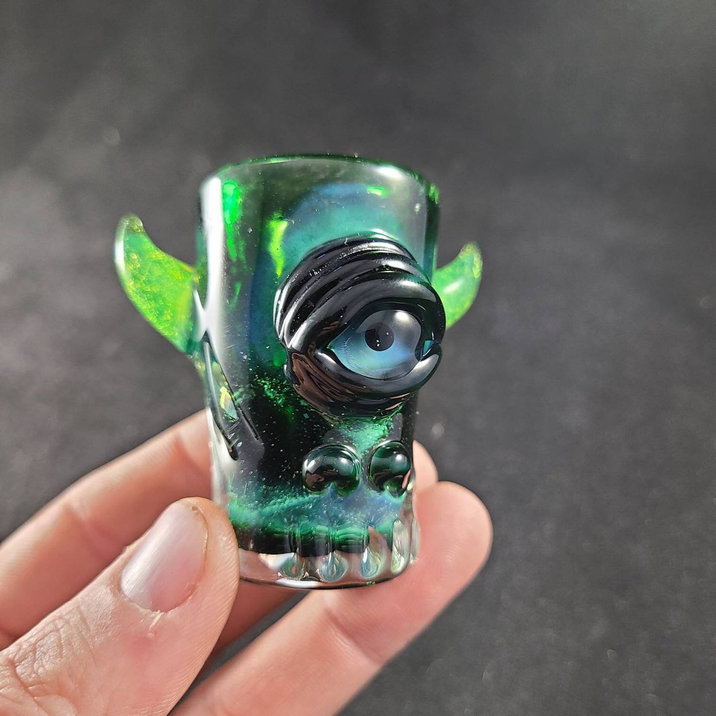 Experimental Green Monster Shotglass | Hand Blown Glass with Green Slime Horns | Unique Textured Glassware | Collectible Shot Glass