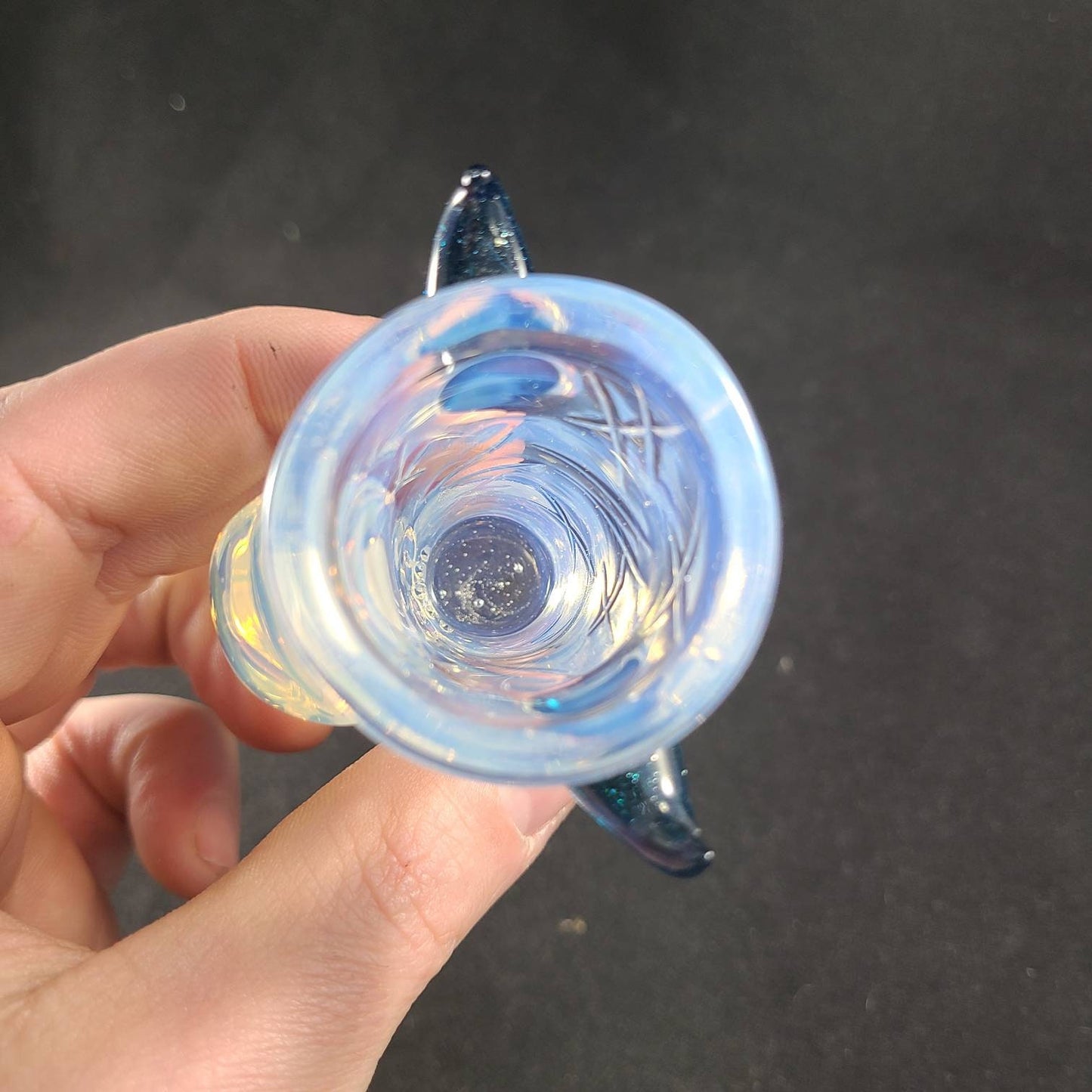 Ghost White Monster Shotglass | Milky Blue Hue Glass | Sculpted Eye, Nose Nubs & Blue Stardust Horns | Textured Hand Blown Shot Glass Cup