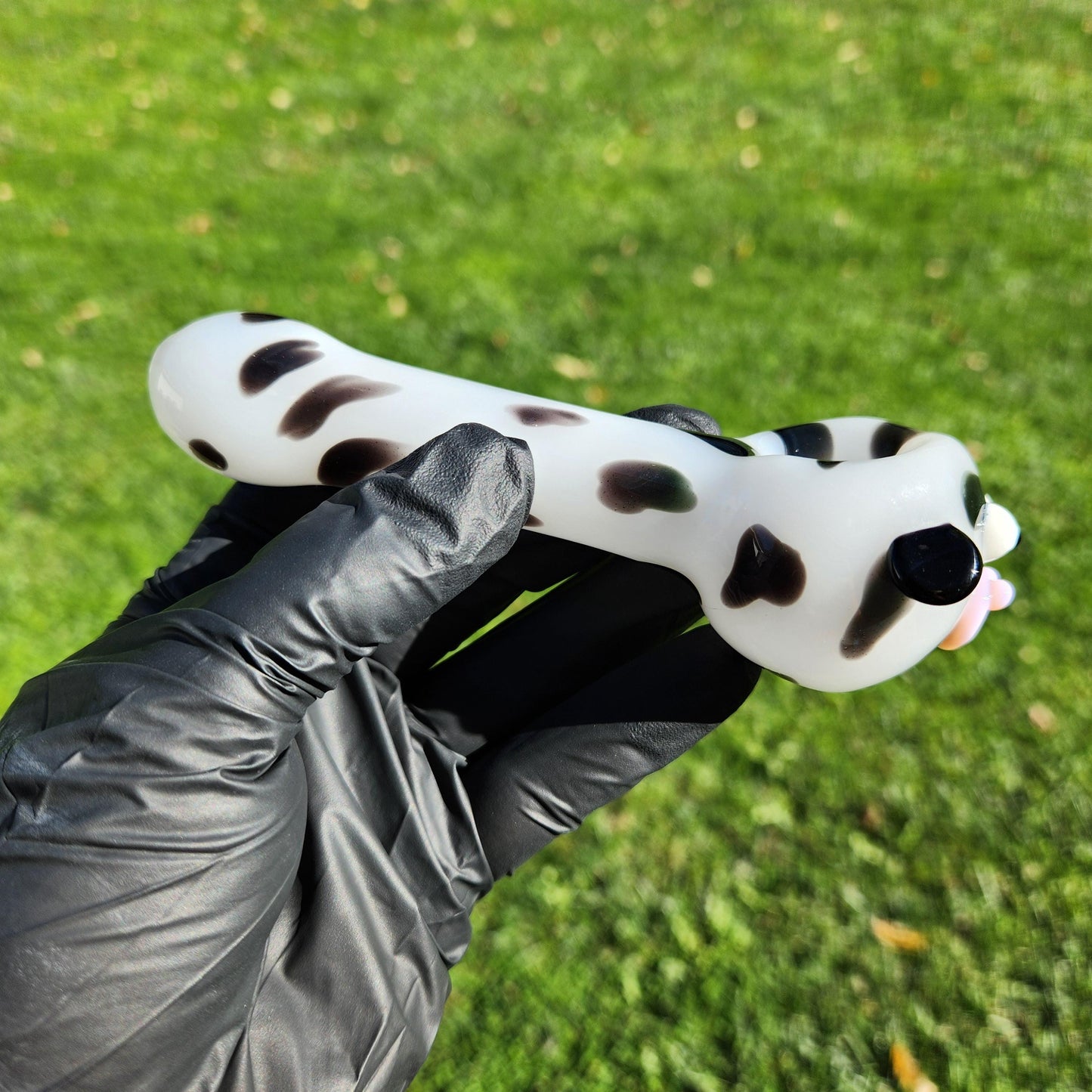 Cow Print Glass Pipe with Face | White & Black Hand Blown Pipe | Farm Animal Novelty Smoking Bowl | Funny Glass Pipe