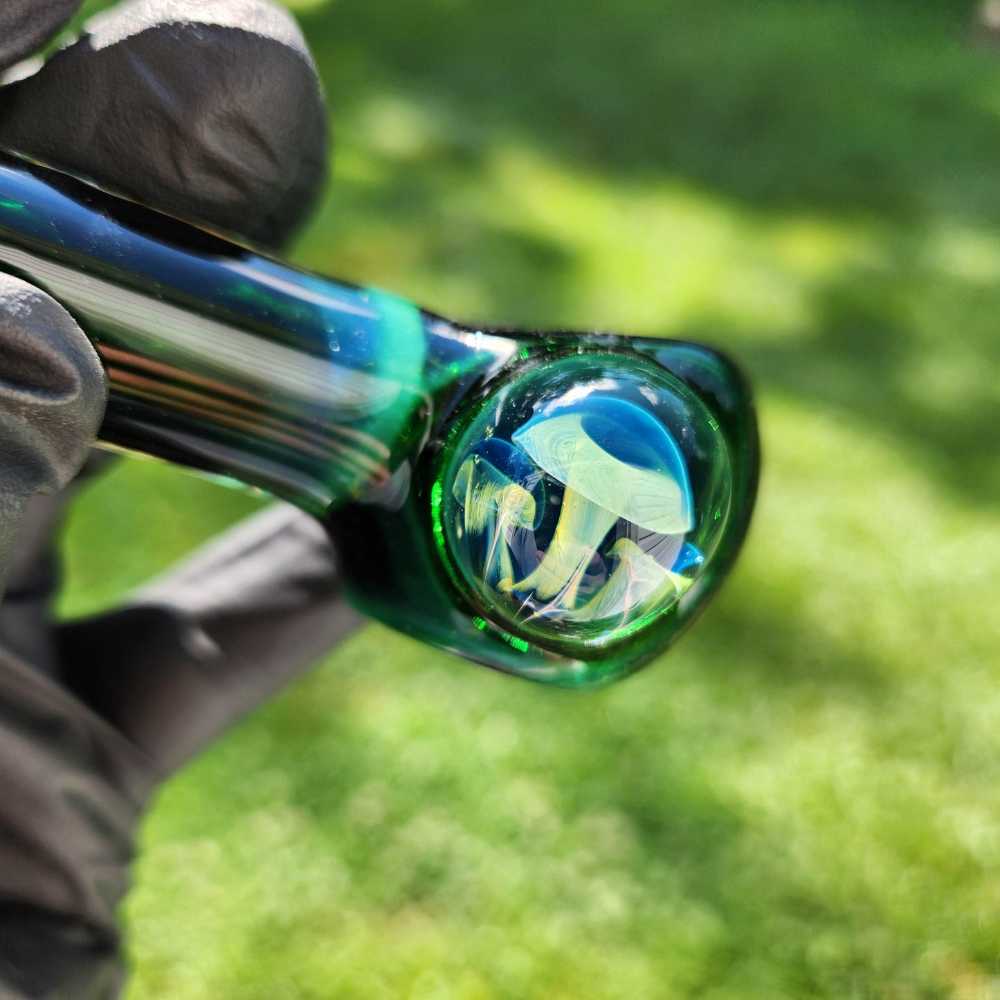 Experimental Green Frit Pipe with Triple Mushroom Marble | Unique Hand-Blown Glass Spoon | Emerald to Dark Hues | Trippy Nature Art Bowl