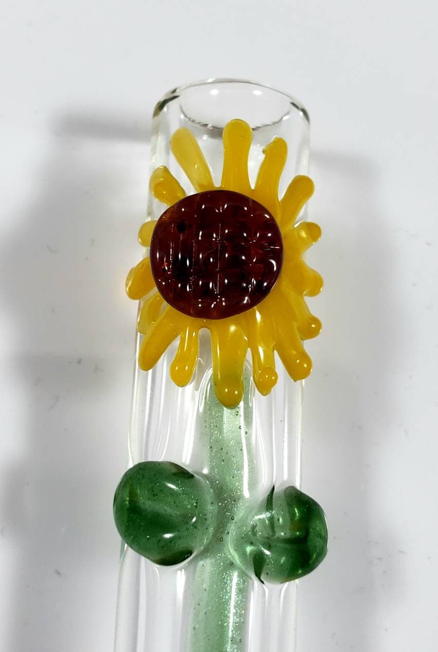 Sunflower Small Glass Pipe – 16mm Mini Pipe with Sculpted Flower – Cute Yellow Floral Smoking Pipe – Handmade Small Glass Pipe
