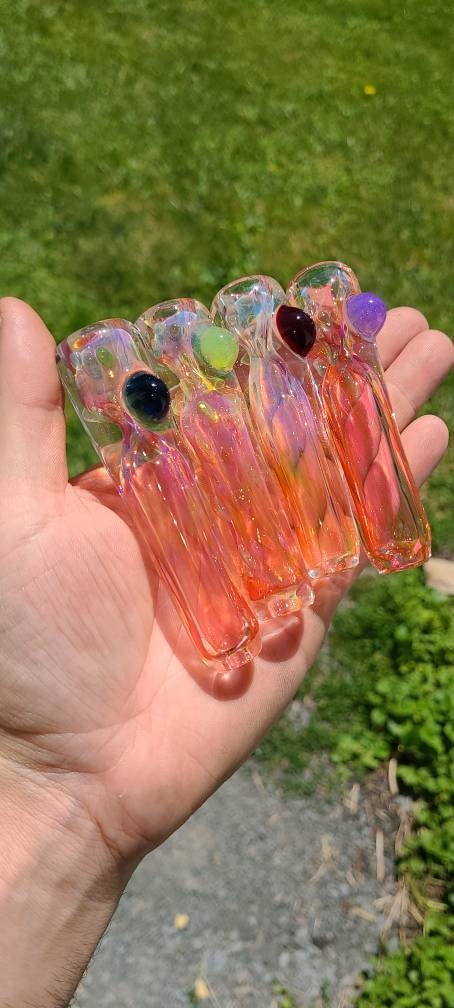 Gold & Silver Fumed Inside-Out Tech – Blue Dot Pattern “Concrete Chipper” – 3.5” Thick Color-Changing Glass Art