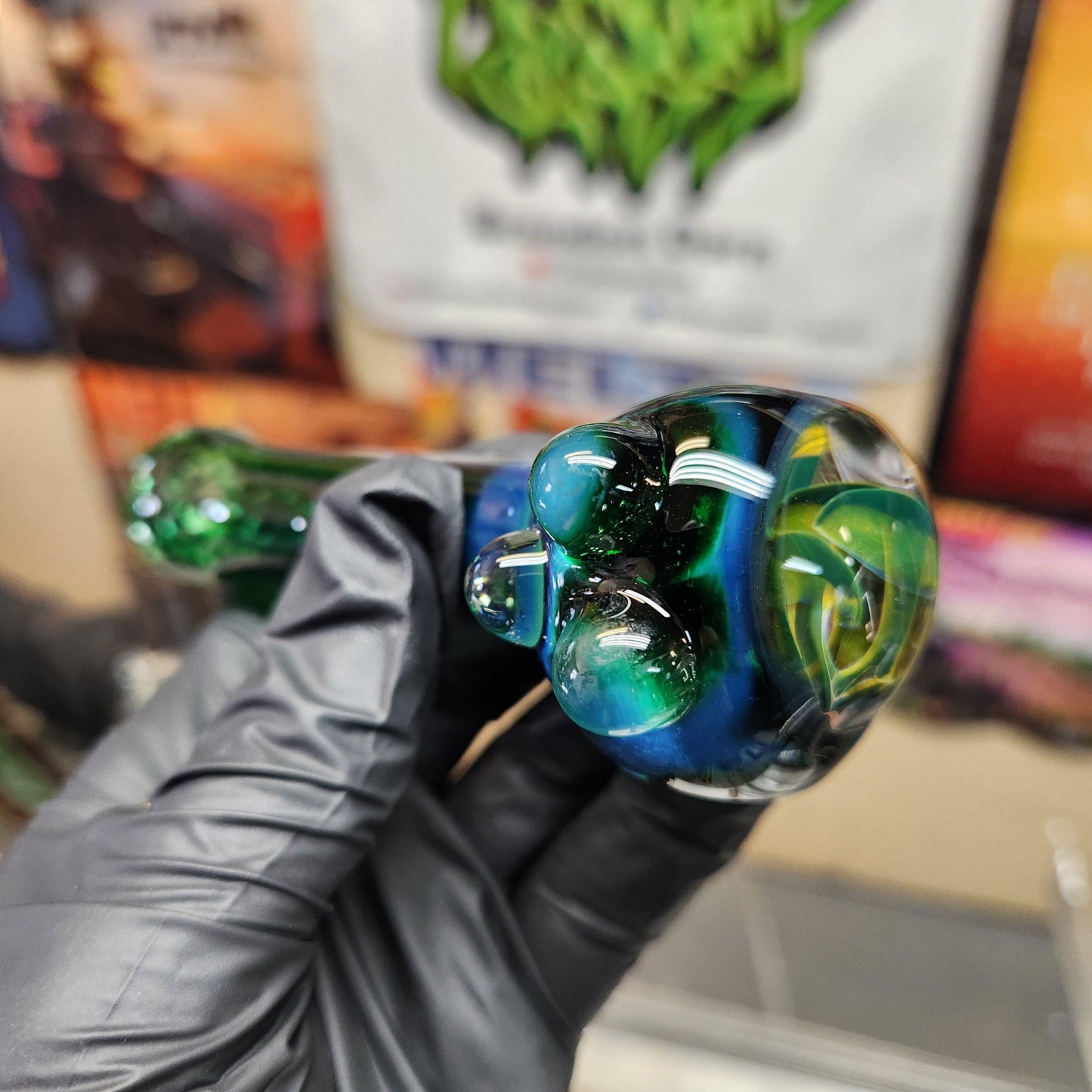 Green Frit Glass Pipe with Triple Mushroom Implosion – 4” Hand Pipe, Dot Accent, Unique Bowl Art, Emerald to Black Color Mix, Heady Piece
