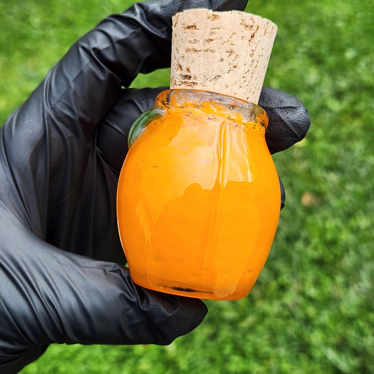 Orange Pumpkin Glass Jar – Hand Blown Orange Frit Storage Jar with Cork Lid, Fall Decor, Autumn Harvest Glass Art Jar